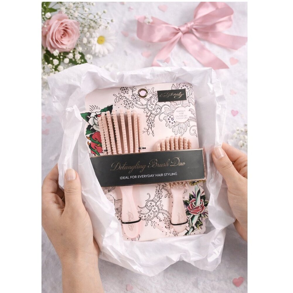 Ed Hardy Detangling Brush Duo 2-Piece Set Pink On-The-Go Wet or Dry Hair NWT